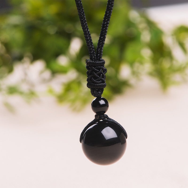 iSTONE Unisex Genuine 16mm Round Beads Gemstone Pendant Necklace Black Rope Chain 25 inch (Black Obsidian) - Image 3